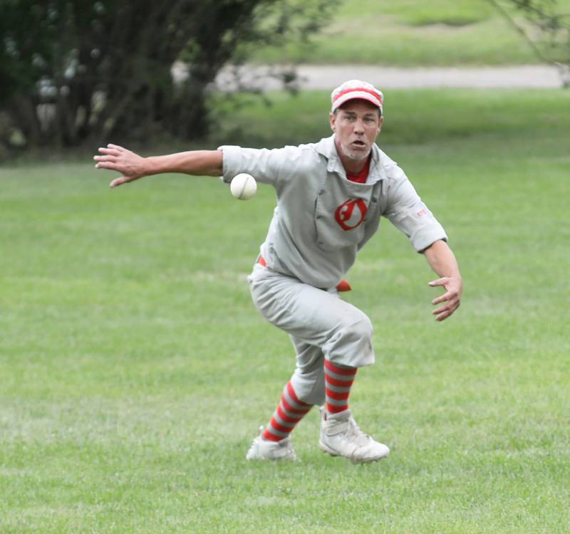 Oregon Ganymede third baseman“Dollar” Bill Roschi zeroes in on the ball at the 21st Annual World Tournament of Historic Base Ball in Dearborn, Michigan on Saturday, Aug. 10, 2024.