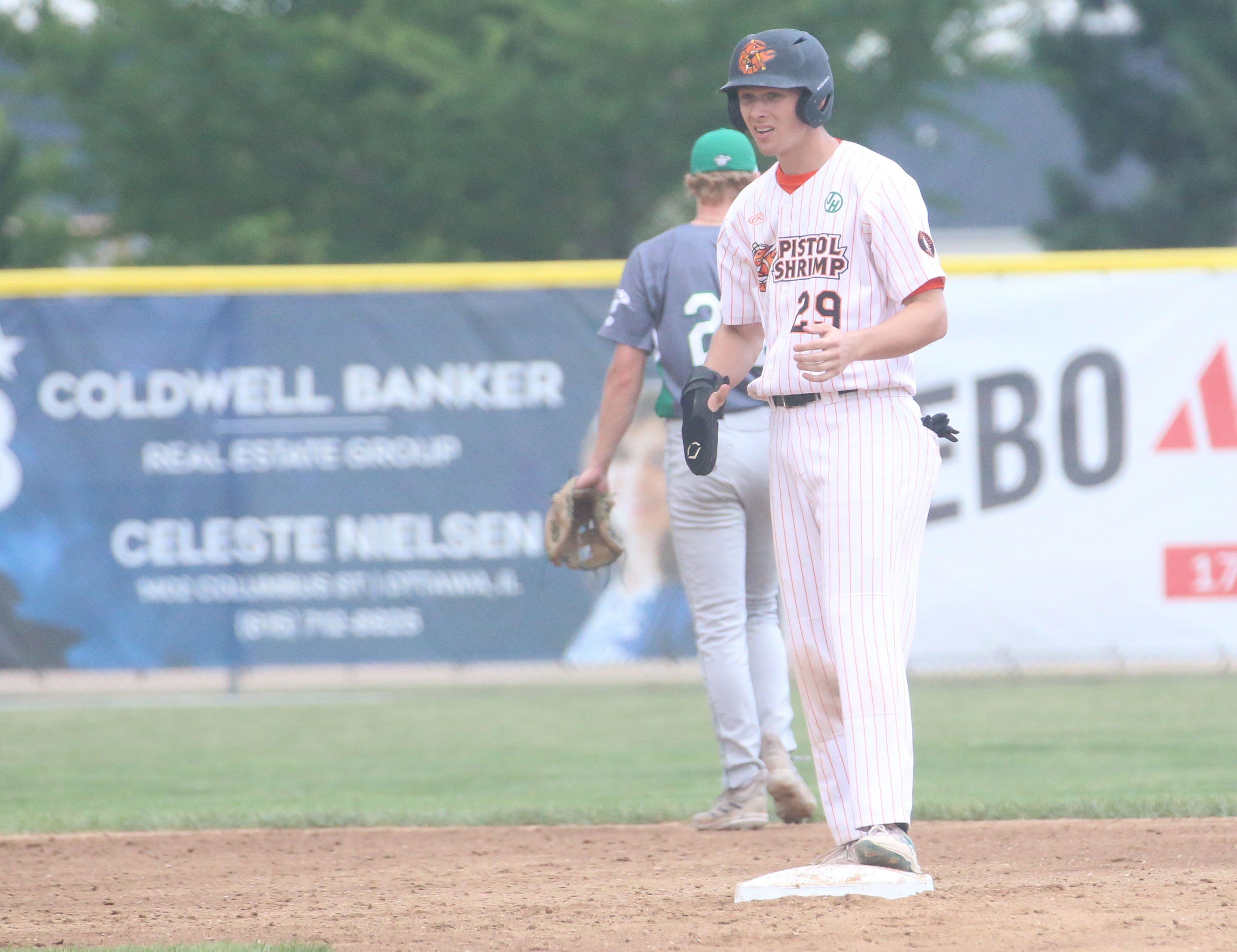 Pistol Shrimp's Louis Perona stands safely on second base on Wednesday July 10, 2024 at Schweickert Stadium in Peru.