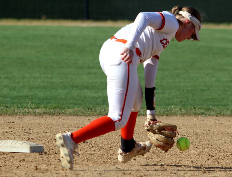 Crystal Lake Central’s Kate Show fields an infield chopper against Woodstock North in varsity softball at Crystal Lake Friday.