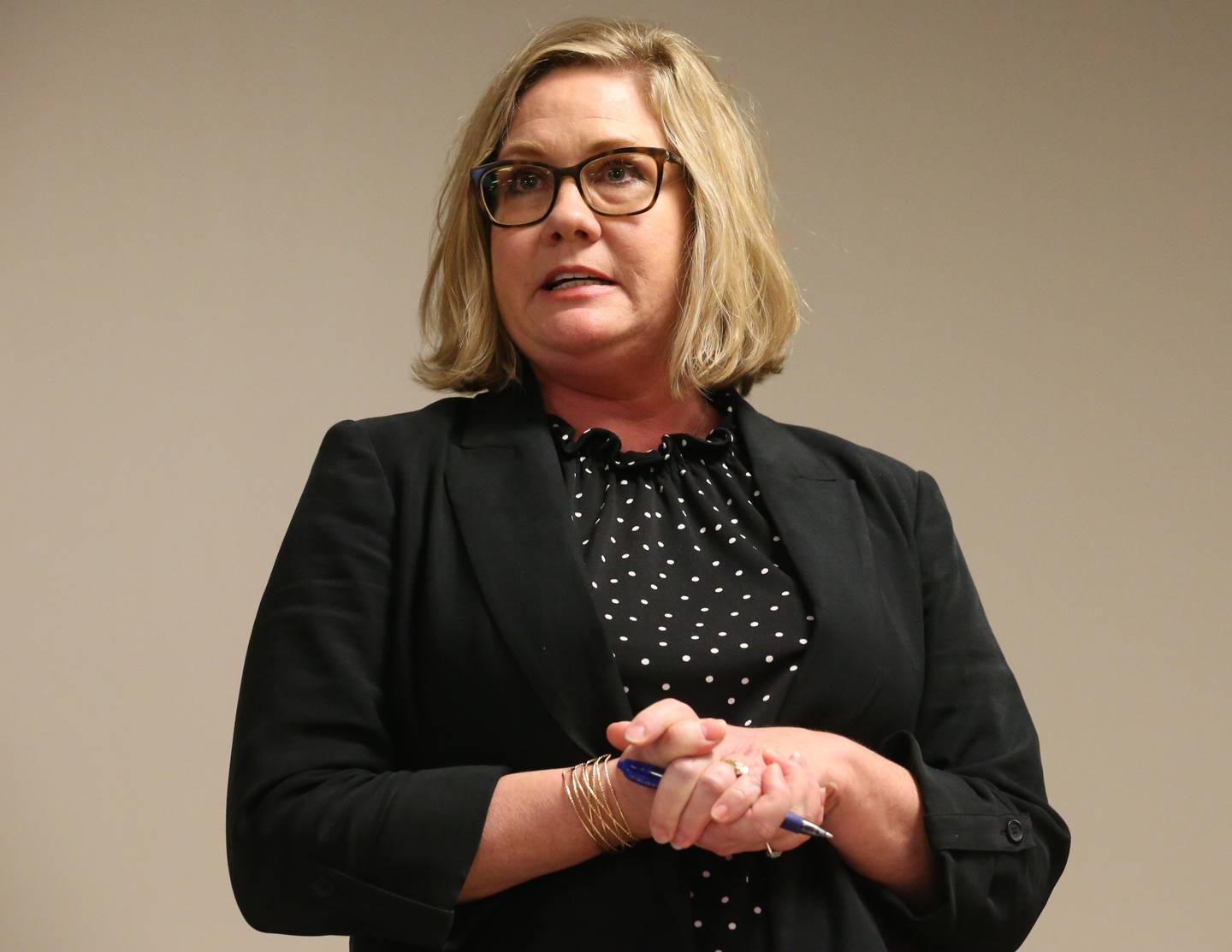 Illinois Valley Community College Board of Trustees Candidate Angie Stevenson speaks during a candidate forum on Wednesday, March 22, 2023 at IVCC.