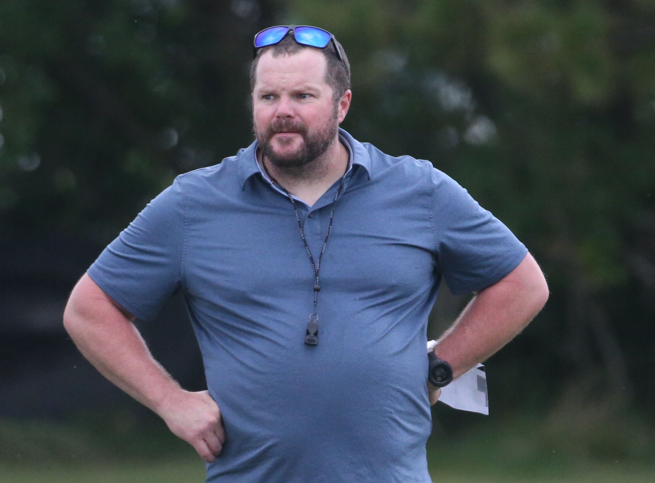 Bureau Valley head football coach Mat Pistole blows his whistle during the first day of football practice on Monday, Aug. 12, 2024 at Ken Bourquin Field in Manlius.