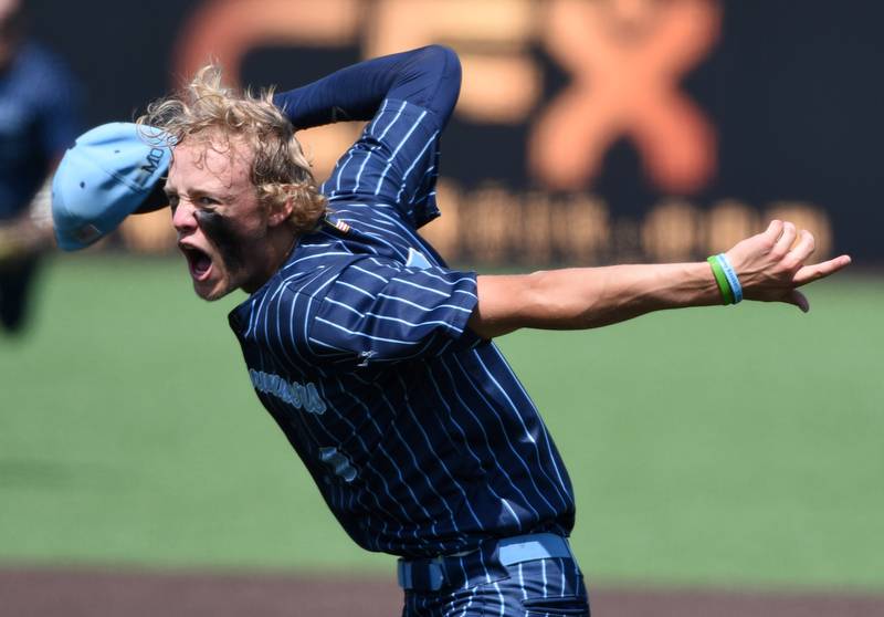 Nazareth pitcher Cooper Malamazian celebrates after the Roadrunners defeated Grayslake Central 7-2 in the Class 3A  state championship baseball game in Joliet Saturday.