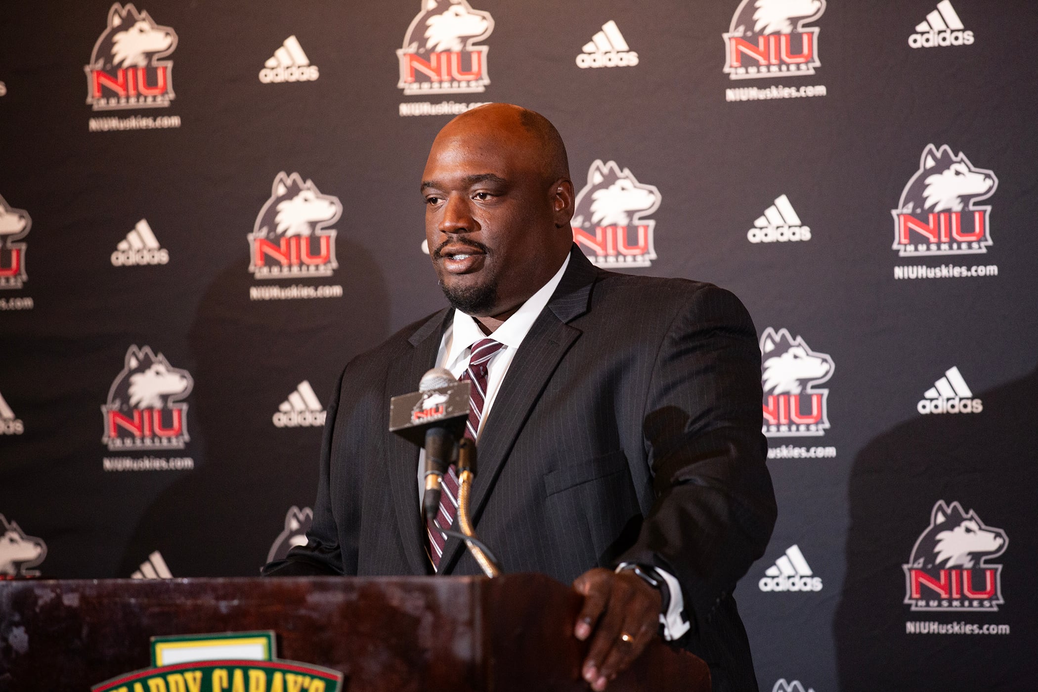 Coach Thomas Hammock speaks at NIU Chicago Media Day on Tuesday, July 23, 2024.