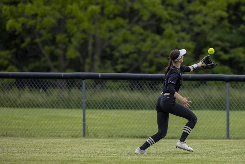 Serena's Makayla McNally chases down a hard hit ball from Newark during the Class 1A Sectional Final at Woodland High School on May 24, 2024.