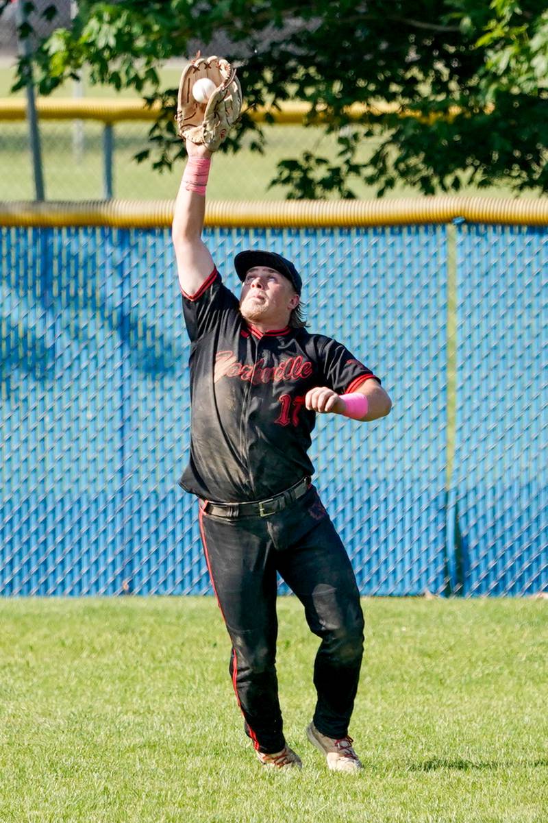 Yorkville's Kameron Yearsley (17) catches a fly-ball for an out against Neuqua Valley during a Class 4A Neuqua Valley Regional semifinal baseball game at Neuqua Valley High School in Naperville on Thursday, May 23, 2024.