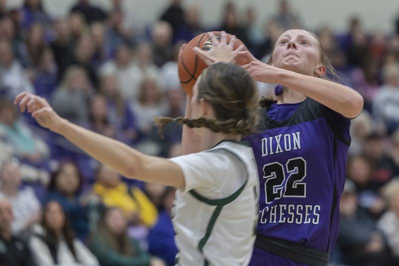Dixon’s Katie Drew has the ball swiped away by Boylan’s Bailey Westlund Friday, Feb. 16, 2024 at the class 3A Rochelle girls basketball regional.