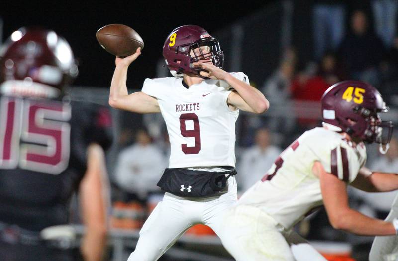 Richmond Burton’s Ray Hannemann passes the ball in varsity football at Rod Poppe Field on the campus of Marengo High School in Marengo on Friday, Oct. 18, 2024.