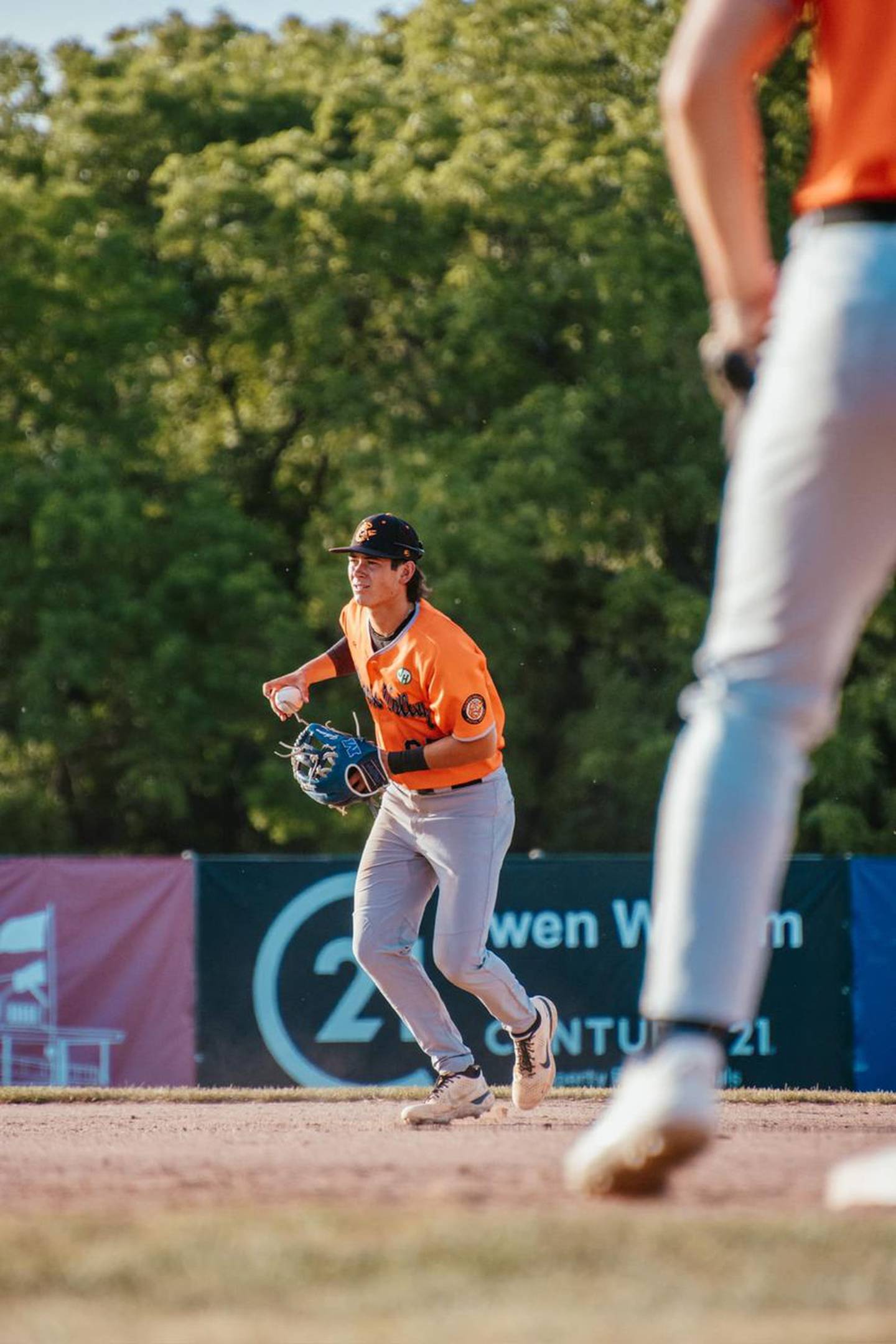 Kyle Gibson gets set to throw to first base during the Illinois Valley Pistol Shrimp's 4-2 loss to the Burlington Bees on Friday, June 14, 2023 in Burlington, Iowa.