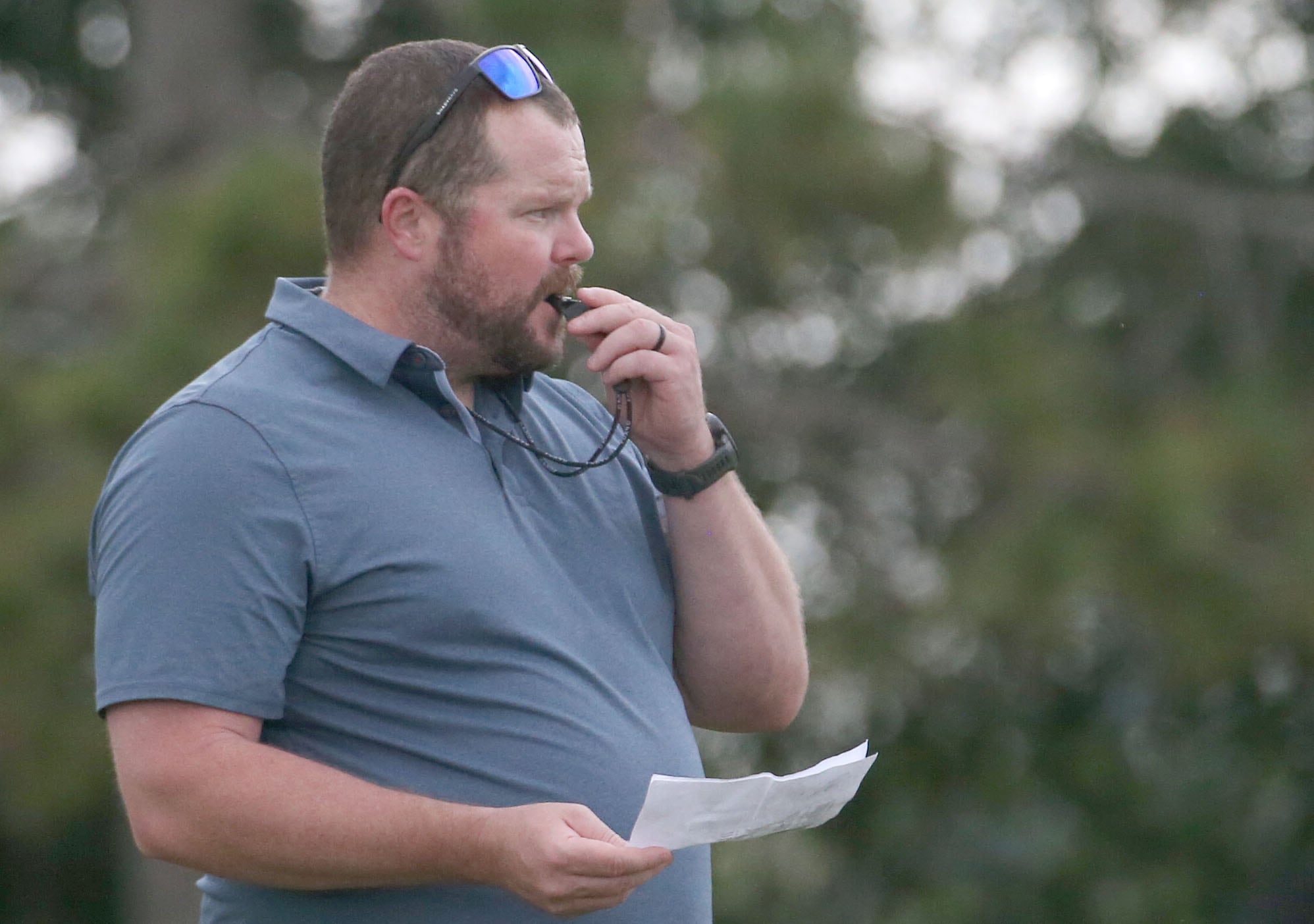 Bureau Valley head football coach Mat Pistole blows his whistle during the first day of football practice on Monday, Aug. 12, 2024 at Ken Bourquin Field in Manlius.