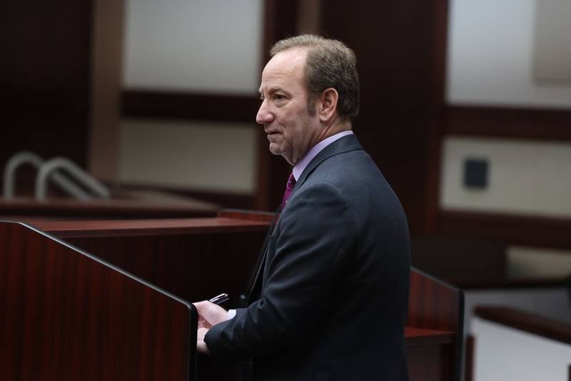 Prosecuting attorney Mark Shlifka during the Javier Esqueda motion hearing at the Kendall County Courthouse in Yorkville on Thursday, March 1st. Esqueda is charged with official misconduct for accessing and leaking the police squad video of the arrest of Eric Lurry, 37, who died following his arrest on drug charges in January 2020.