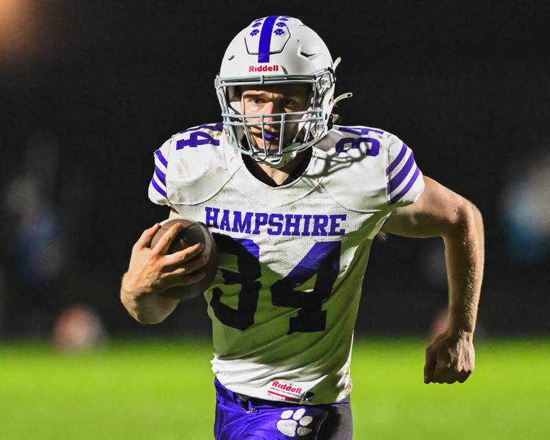 Hampshire's Cole Klawikoski attempts a run for the goal line late in the third quarter against Crystal Lake Central during their Fox Valley Conference game on Friday, Oct. 20, 2023 in Crystal Lake.