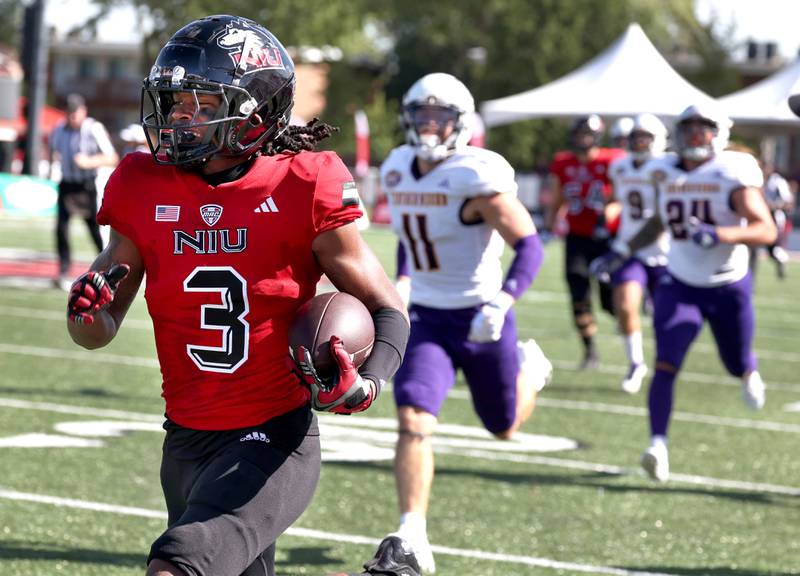 Northern Illinois' Trayvon Rudolph races past the Western Illinois defense for a long touchdown during their game Saturday, Aug. 31, 2024, in Huskie Stadium at NIU in DeKalb.