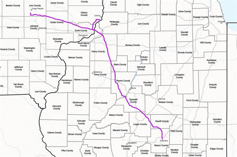 A map submitted to the Illinois Commerce Commission by Wolf Carbon Solutions showing their preferred route for a proposed carbon dioxide pipeline.