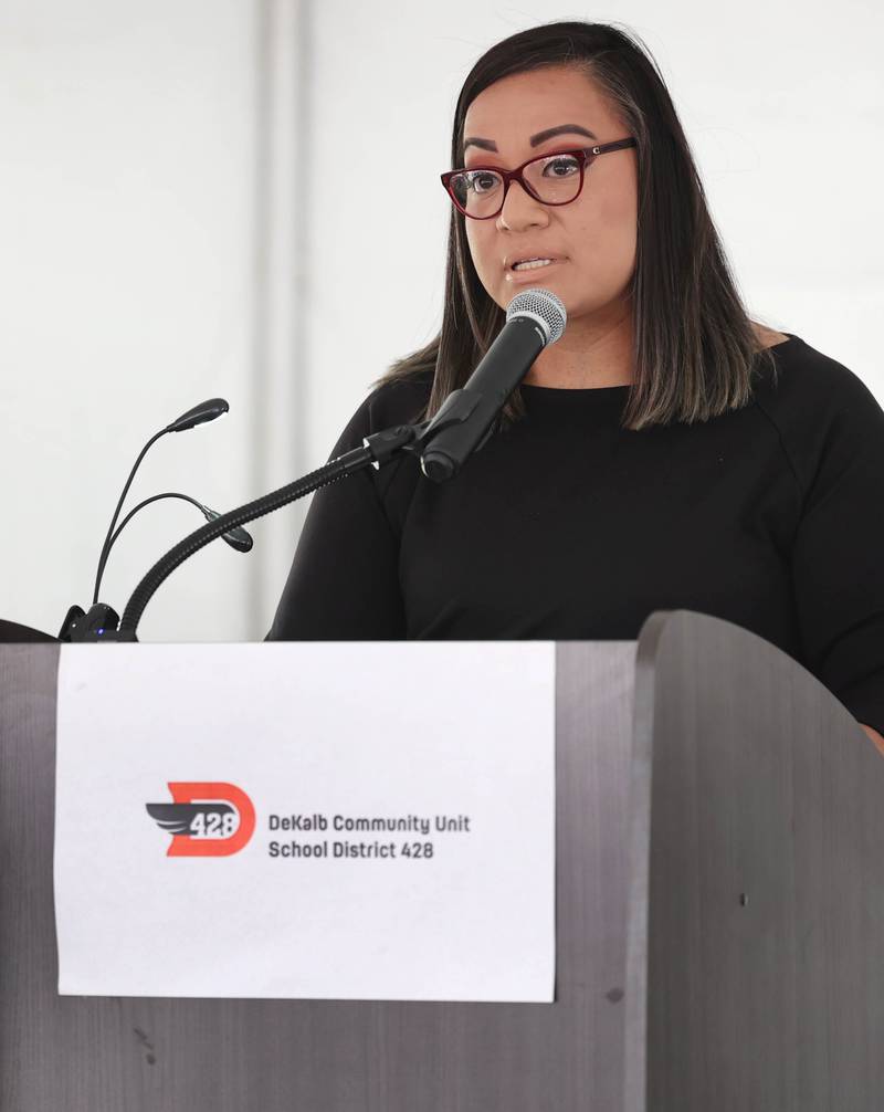 District 428 School Board President Deyci Ramirez speaks Thursday, April 11, 2024, during the groundbreaking ceremony for Dr. Leroy A. Mitchell Elementary School. The school will be located at 1240 Normal Road in DeKalb.