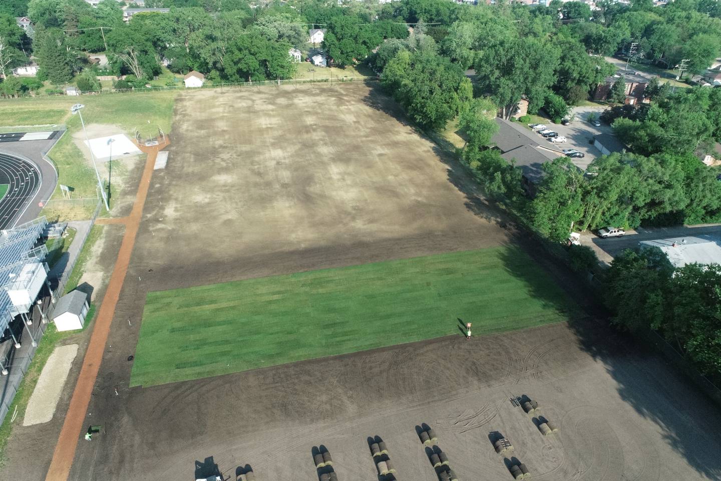 This is a drone photo of work being done on practice fields behind McHenry's McCracken Field. The Warriors' soccer teams will practice there.