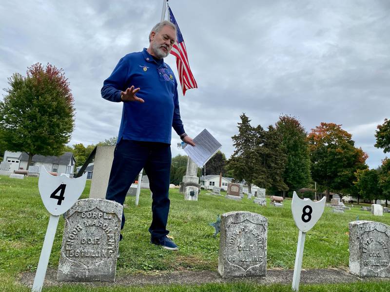 Stephen Haight, member of the Sons of Union Veterans of the Civil War,  speaks at the DeKalb County History Center’s annual Etched in Stone Cemetery Walk at Elmwood Cemetery, 901 S. Cross St., Sycamore on Sunday, Oct. 8, 2023. Haight presented information on three Sycamore Civil War veterans.