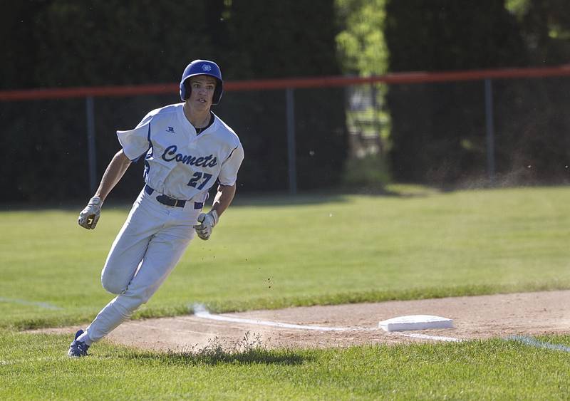 Newman’s Brendan Tunink rounds third base against Stillman Valley Wednesday, May 22, 2024 in the Class 2A sectional semifinal in Byron.