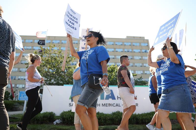 St. Joseph nurses and supporters picket outside St. Joseph Hospital as contract negotiations continue on Thursday, July 20th, 2023 in Joliet.