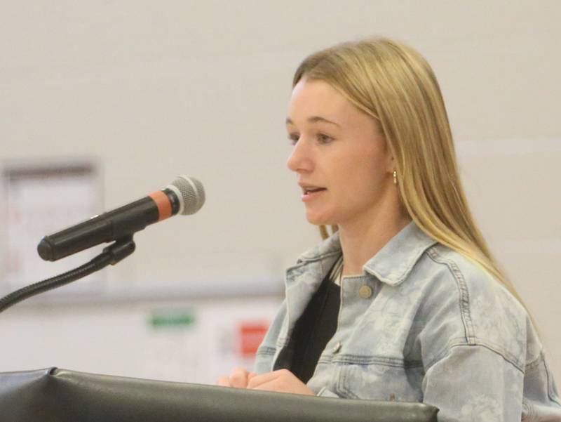 Mady Putman, emcee and student council president welcomes visitors to the Parkside School Veterans Day Program on Friday, Nov. 10, 2023 at Parkside Middle School in Peru.