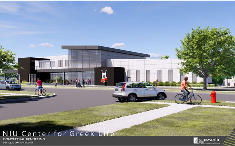 Concept art shows the view from Kimberly Drive of the proposed NIU Center for Greek Life, planned for about 2 acres on city-owned property at Blackhawk Boulevard and West Hillcrest Drive. The project has received support from the city of DeKalb and NIU Foundation. Concept art by Lisle-based Farnsworth Group published by city of DeKalb in March 2024.