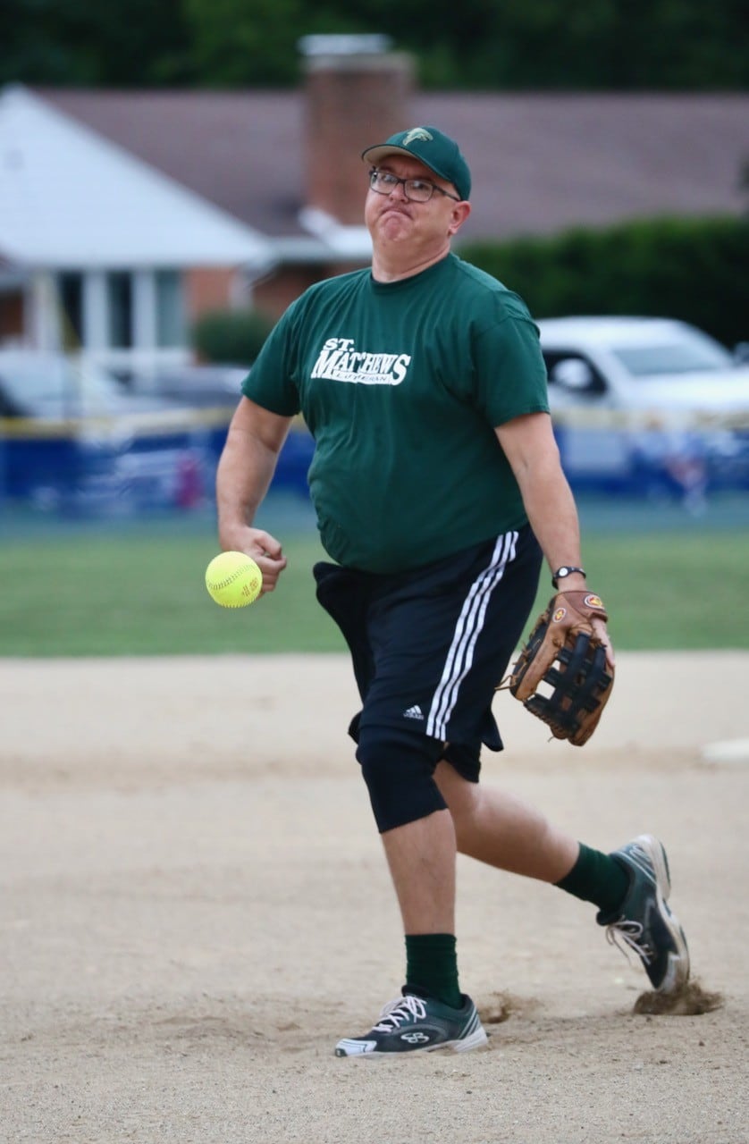 St. Matthews' Chris Waca makes his pitch in Tuesday's Princeton Park District Fastpitch League championship game opener Tuesday night at Westside Park.