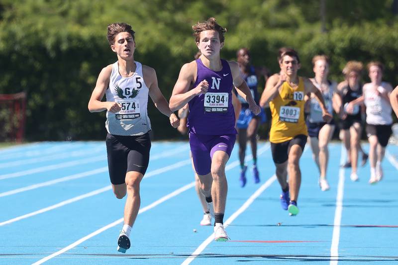 Downers Grove North’s Philip Cupial edges Grays Lake Central’s Trey Sato to win the Class 3A 1600 Meter State Championship on Saturday, May 25, 2024 in Charleston.