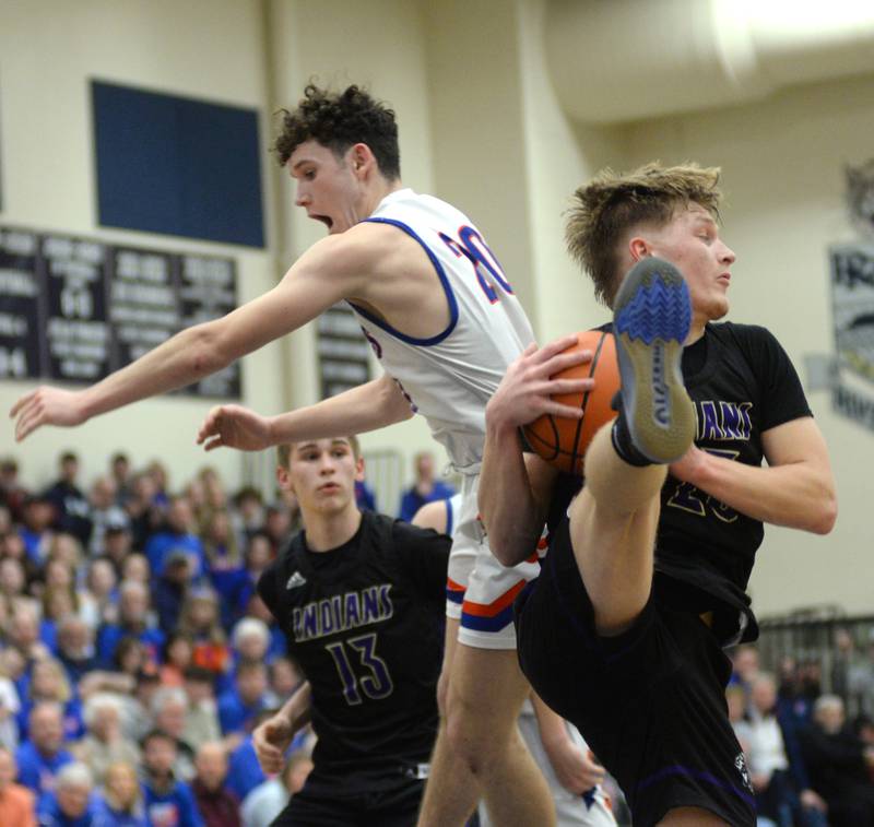 Eastland's Peyton Spears (20) tries for a rebound against Pecatonica in the championship game of the 1A River Ridge sectional on Friday, March 1, 2024 in Hanover.