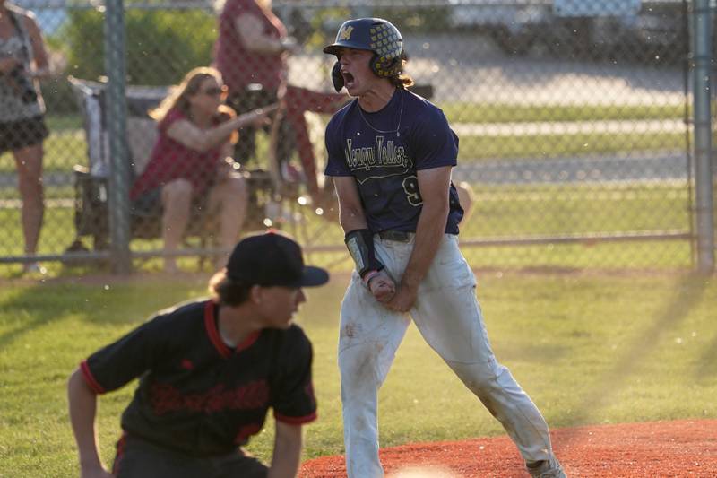 Neuqua Valley's Matt Knapczyk (9) reacts after scoring a run against Yorkville during a Class 4A Neuqua Valley Regional semifinal baseball game at Neuqua Valley High School in Naperville on Thursday, May 23, 2024.