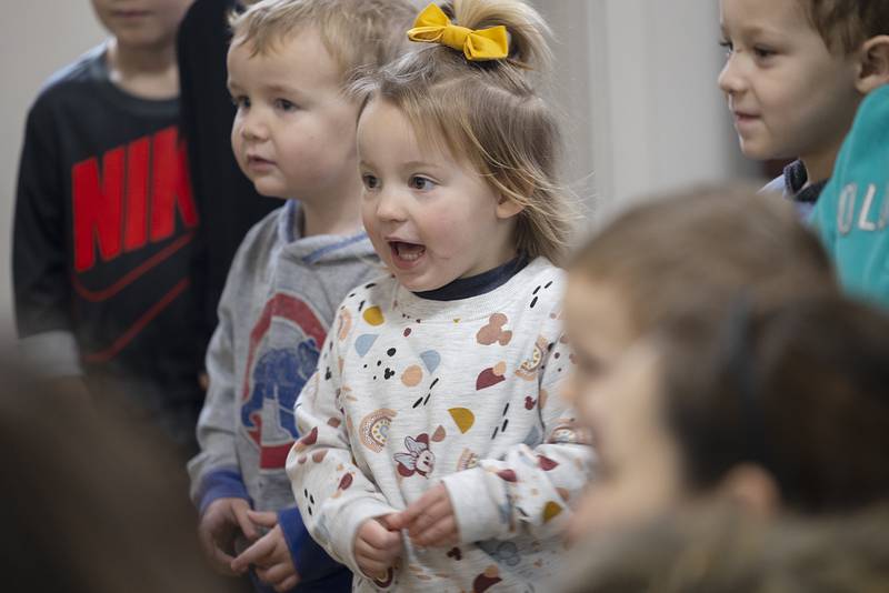 Oaklyn Eich, 2, reacts while watching a video of a fox diving into snow while looking for food. The Nature Fun for Little Ones program at the Ruth Edwards Nature Center at Lowell Park near Dixon is held 10 a.m. on the first Friday of the month.