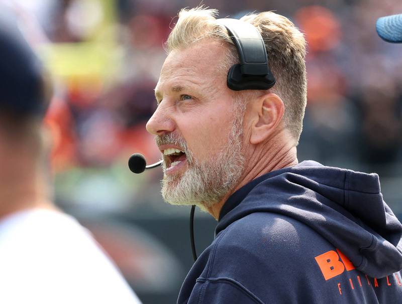 Chicago Bears Head Coach Matt Eberflus watches his team during the first quarter of their game against the Tennessee Titans Sunday, Sept. 8, 2024, at Soldier Field in Chicago.