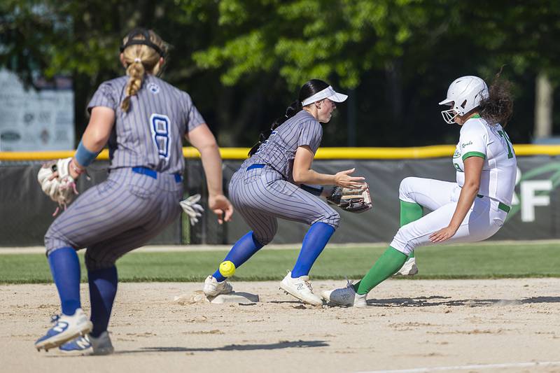 Rock Falls’ Ari Reyna skids into second for a double against Princeton Wednesday, May 15, 2024 a the Class 2A regional softball semifinal.