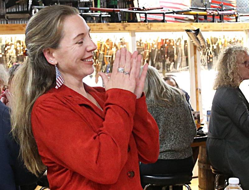 Jennifer Ebner reacts after receiving the news that she will be the next La Salle County Clerk on Tuesday, Nov. 8, 2022 at Jamies Outpost in Utica.