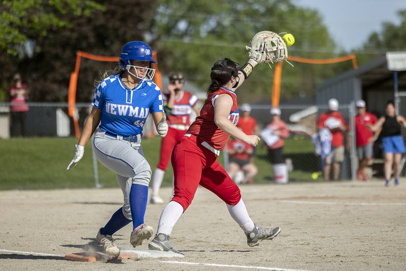 Newman’s Molly Olson beats out an infield single against Morrison Friday, May 3, 2024 at Newman High School.