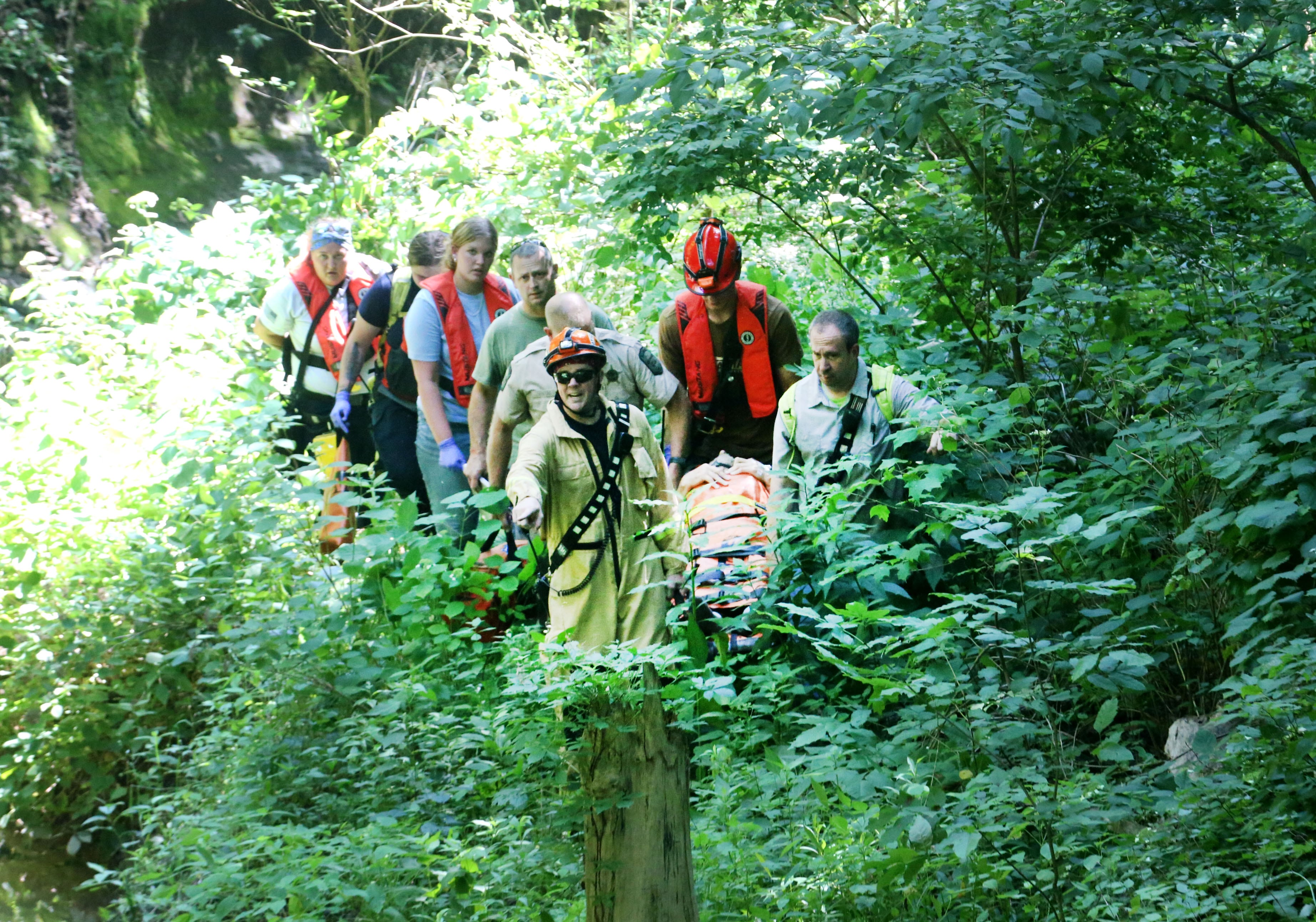 Oglesby and Utica Fire and EMS attend to a rescue at the bottom of La Salle Canyon for a male subject who fell at La Salle Canyon on Wednesday, July 17, 2024 at Starved Rock State Park.