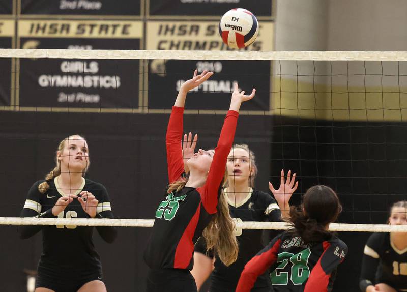 LaSalle-Peru's Addison Urbanski sets the ball for a teammate during their match Tuesday, Oct. 10, 2023, at Sycamore High School.