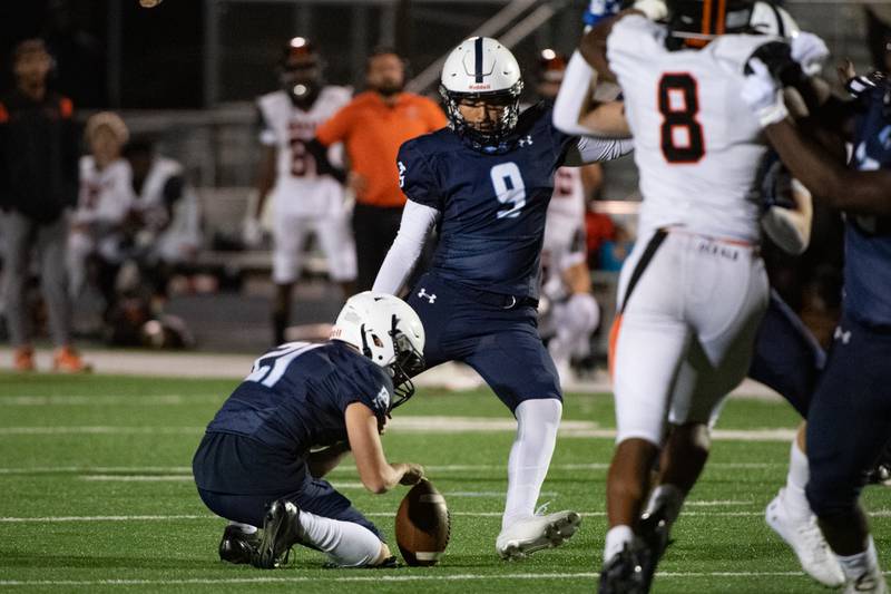 Plainfield South's Leo Gamino kicks the game winning filed goal during a game against Dekalb Friday Sept. 6, 2024 at Plainfield South High School