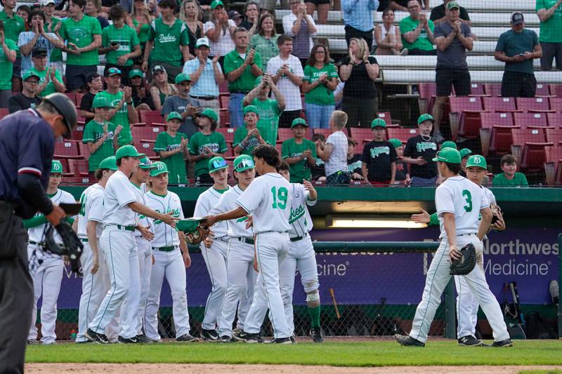 York pitcher Chris Danko (19) receives a standing ovation as he leaves the game during a class 4A Kane County supersectional baseball game against McHenry at Northwestern Medicine Field in Geneva on Monday, June 3, 2024.