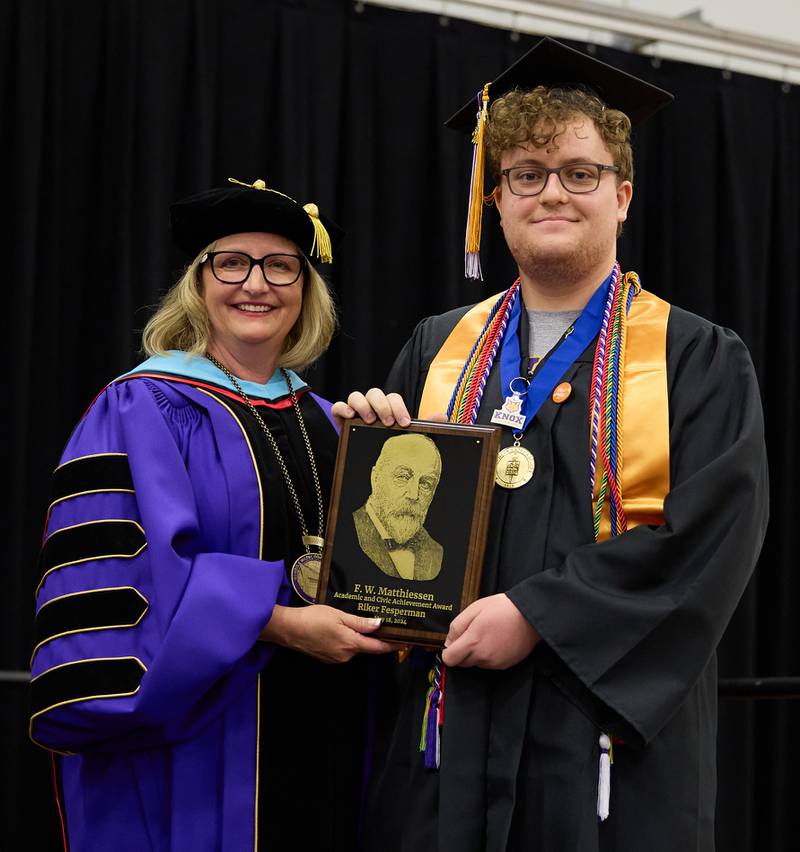 Riker Fesperman of La Salle was presented with the 2024 F.W. Matthiessen Award for scholarship and campus and community service by Illinois Valley Community College President Tracy Morris.