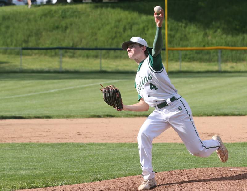 St. Bede pitcher Gino Ferrari lets go of a pitch to Putnam County on Tuesday, April 30, 2024 at St. Bede Academy.