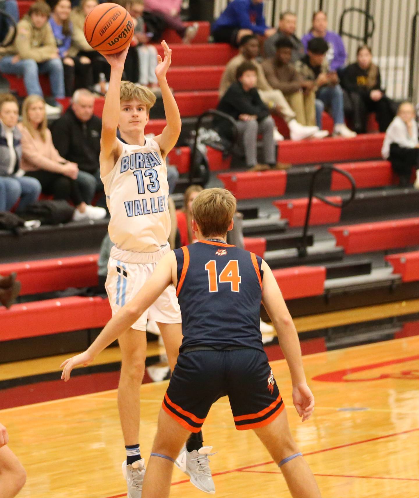 Bureau Valley's Parker Stier (13) shoots a jump shot over Pontiac's Henry Brummel (14) during the Colmone Classic tournament on Monday, Dec. 5, 2022 at Hall High School in Spring Valley.