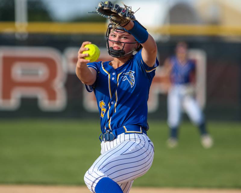 Wheaton North's Erin Metz (6) goes through her wind up during Class 4A Plainfield North Sectional final softball game between Wheaton North and Oswego in May 2024.