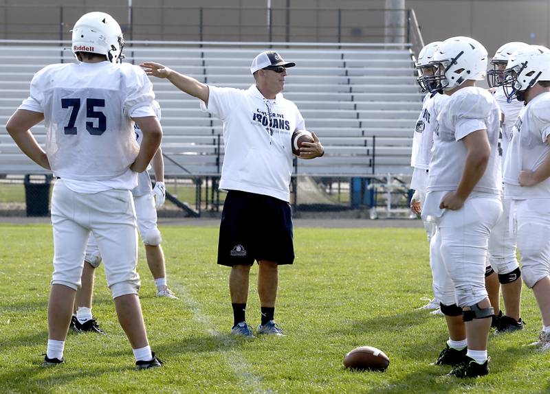 Cary-Grove head coach Brad Seaburg
Talks to his players during football practice Tuesday, Aug. 20, 2024, at Cary-Grove High School, as the 2023 IHSA Class 6A champions look to defend their title.