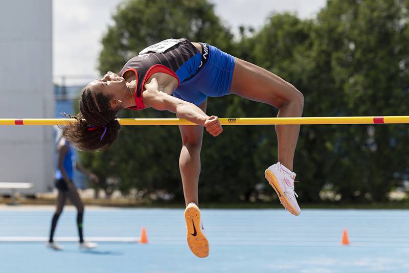 Newark’s Kiara Wesseh clears the bar in the 1A high jump Saturday, May 18, 2024 at the IHSA girls state track meet in Charleston.