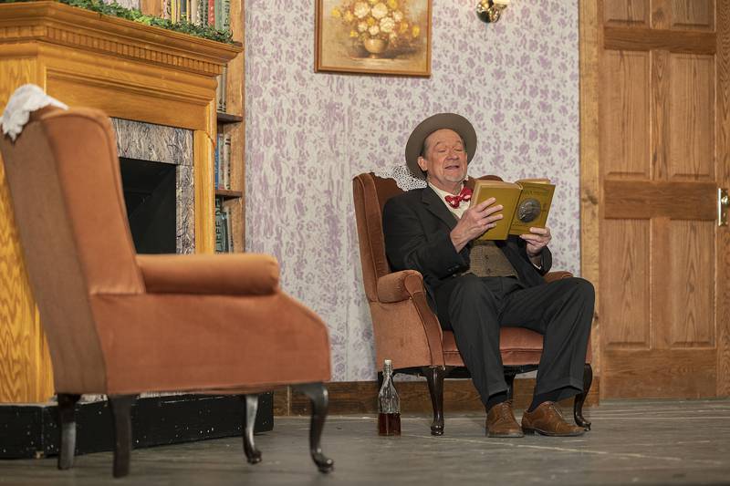 Harvey (left) and Elmwood Dowd, played by John Chase, rehearse a scene Wednesday, May 1, 2024 for PACT’s upcoming performances of “Harvey.” The comedy/drama is centered around an eccentric man who befriends an imaginary six-foot rabbit and the family who struggles to understand.