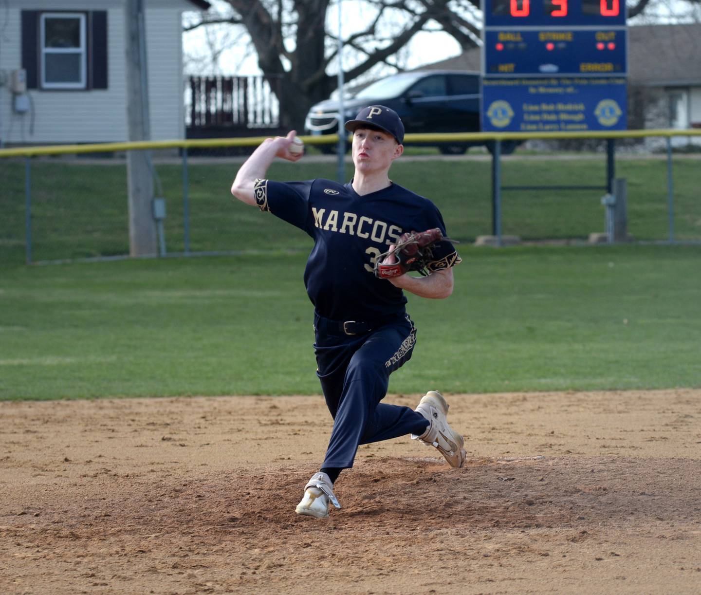 Polo's Nolan Hahn pitches during a March 28, 2024 game with Kirkland-Hiawatha at Westside Park in Polo.