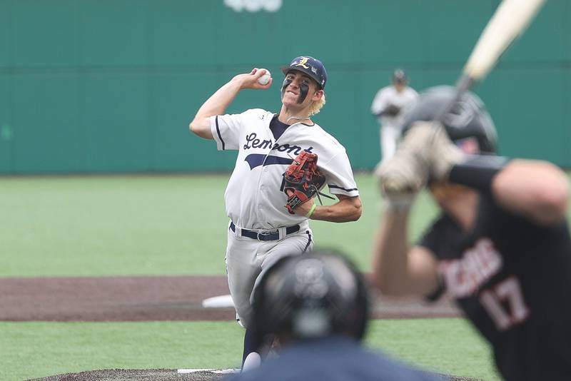 Lemont’s Jacob Parr delivers a pitch against Crystal Lake Central in the IHSA Class 3A Championship game on Saturday June 8, 2024 Duly Health and Care Field in Joliet.
