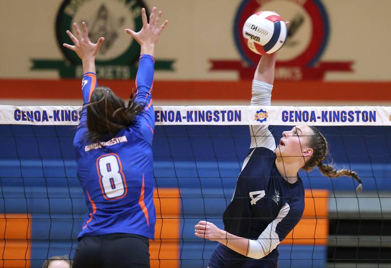 IC Catholic Prep's Ava Falduto tries to get the ball by Genoa-Kingston's Alivia Keegan during their Class 2A sectional semifinal match Monday, Oct. 30, 2023, at Genoa-Kingston High School.