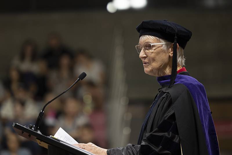 Linda Giesen-Dixon speaks after being awarded a special recognition for her contribution to SVCC and the community Friday, May 10, 2024 during commencement.