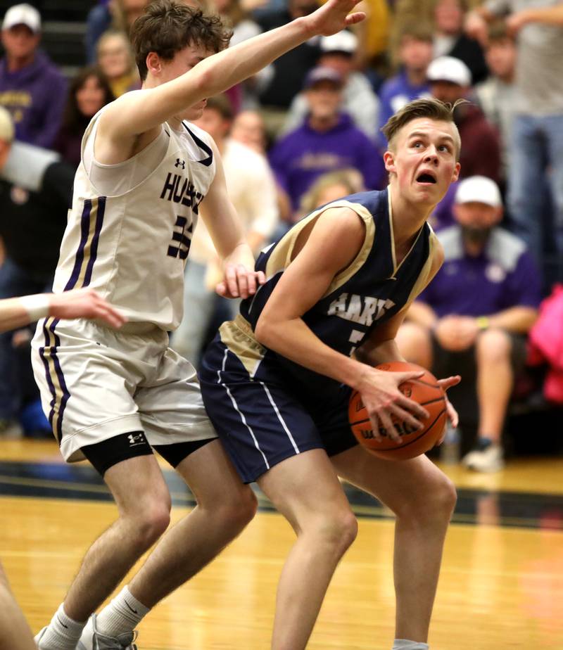 Harvest Christian Academy’s Zander Langfeld looks for an opening from under the basket during the Class 1A Harvest Christian Academy Sectional semifinal game against Serena on Wednesday, Feb. 28, 2024 in Elgin.