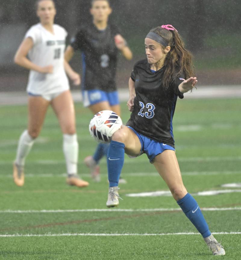 St. Charles North High School’s Megan Hines moves the ball up field against Winnetka New Trier High School in the IHSA Class 3A championship game at North Central College in Naperville on Saturday, June 1, 2024.